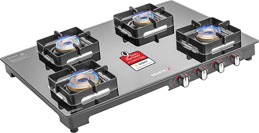 Sujata Regal Gas Stove 4 Burners Glass Top | 9 Years Warranty | 4 burner Stove Manual Ignition with Jumbo Brass Burners, SABAF, ISI Certified, LPG…