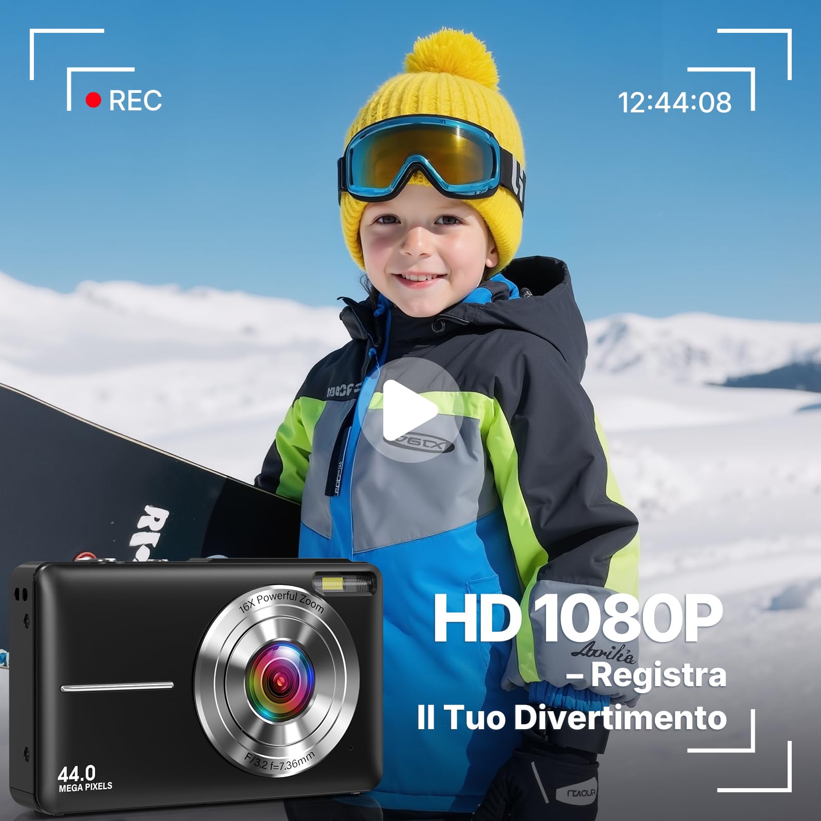 Fotocamera Digitale Macchina Fotografica Digitale Compatta 44MP 1080P con Schermo IPS da 2,4”, Zoom Digitale 16X, Anti-Shake, Scheda da 32GB, 2 Batterie per Adolescenti, Ragazzi e Ragazze Nero