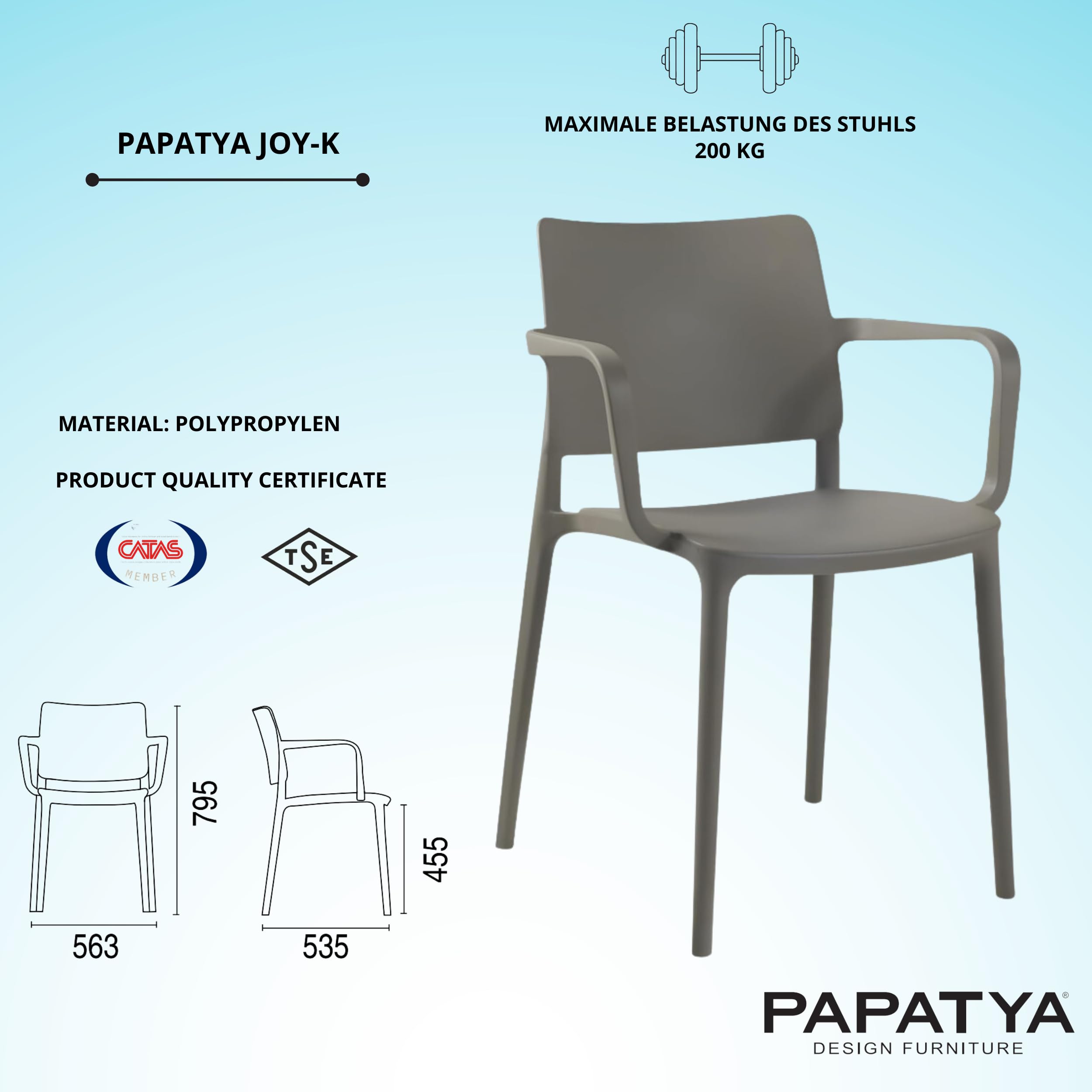 PAPATYA Joy-K Designstuhl mit Einer Belastbarkeit von 200 kg stapelbar, Terassenstuhl aus Kunststoff UV beständig, Leichter Stuhl mit Rückenlehne für Balkonstuhl aus Polypropylen (1, Grau-braun)
