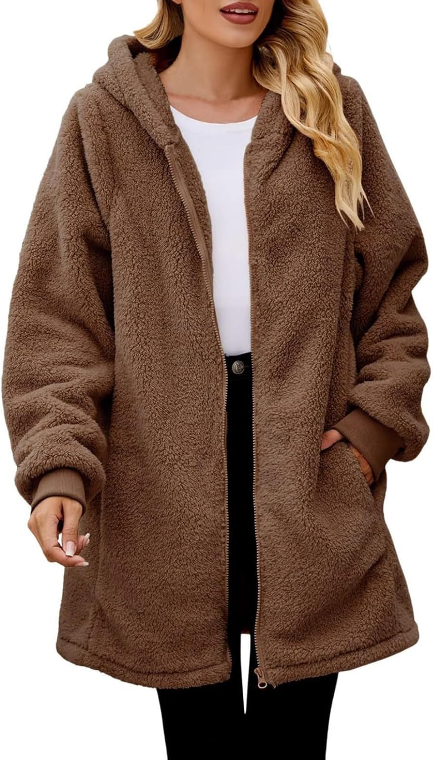 Women's Oversized Fleece Jacket Hooded Zip-Up Cardigan Coat with Pockets Warm Winter Casual Wear for Vacation