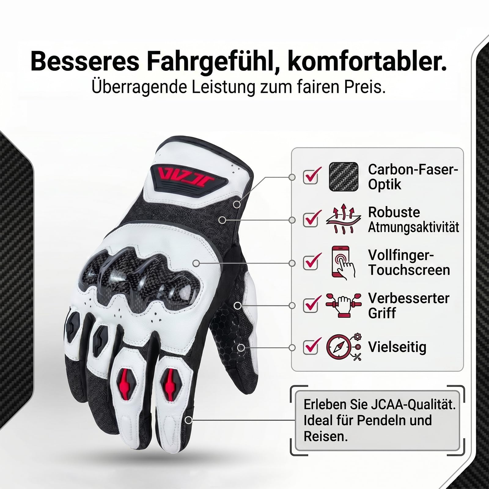 MOTOCENTRIC Kohlefaser Leder Motorradhandschuhe Herren Damen,Zwei-Finger-Touchscreen Motocross Handschuhe,Sommer Atmungsaktiv für Radfahren Rennen Fahrrad
