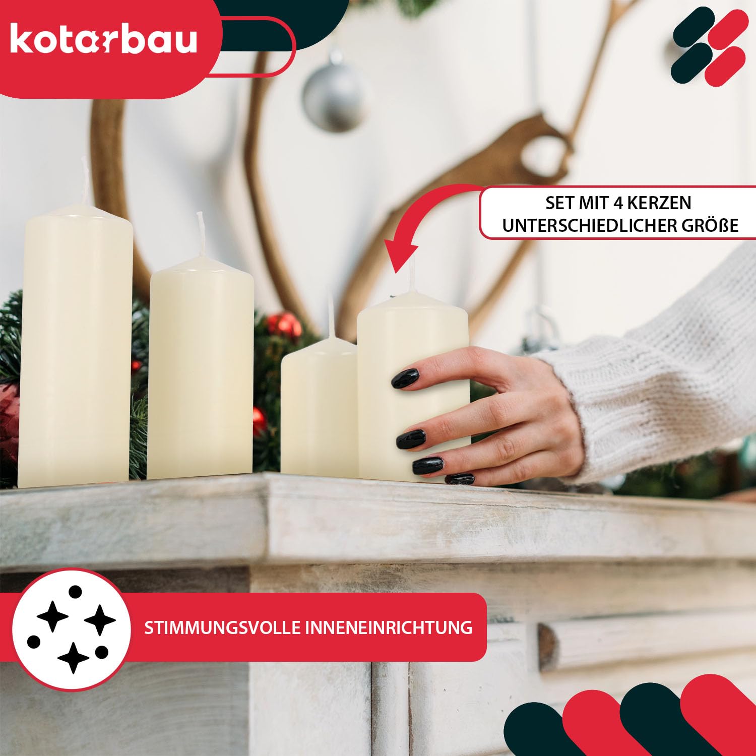 KOTARBAU® Świece filarowe świece blokowe, zestaw 4 sztuk, ecru