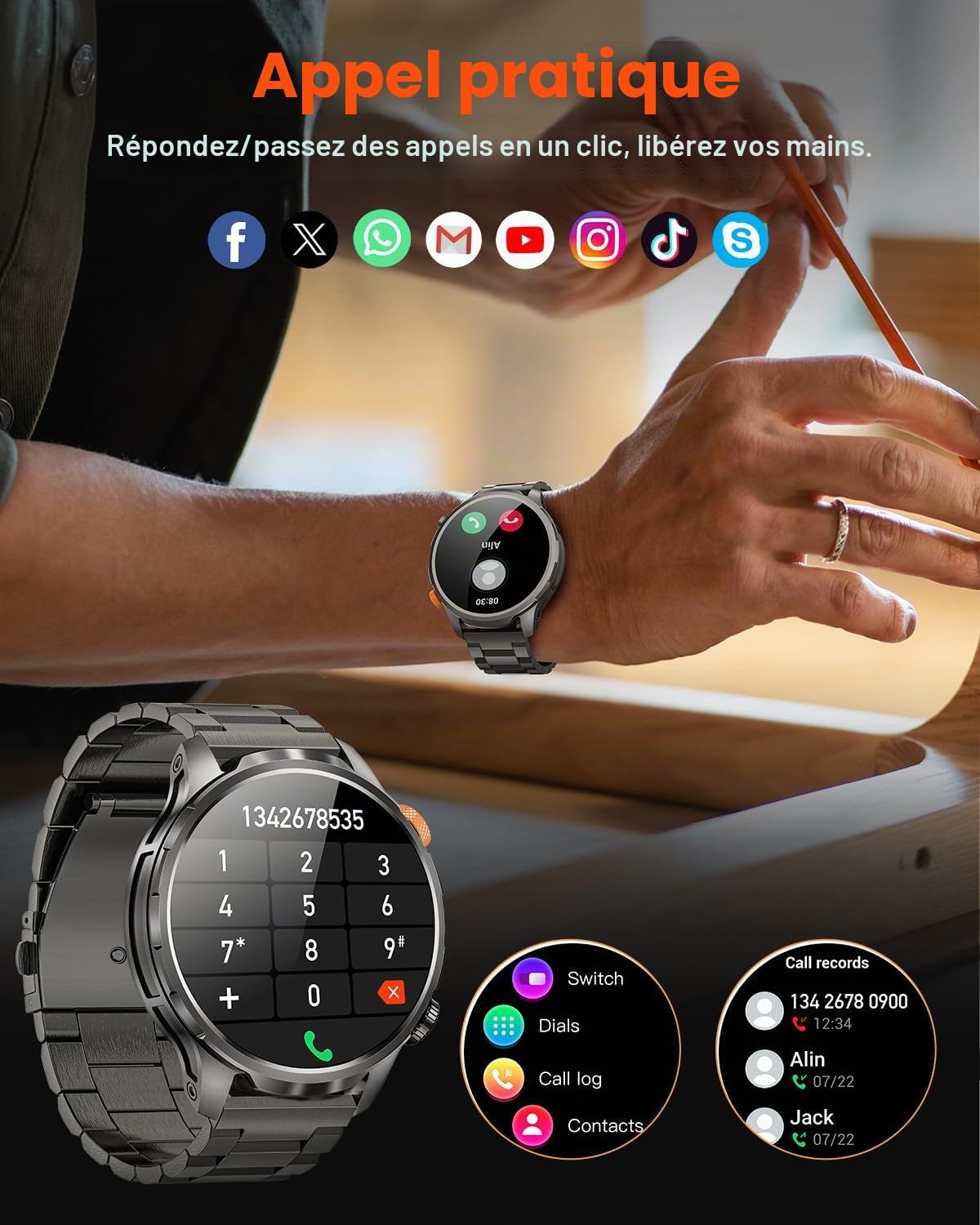 Montre Connectée Homme 1000mAh/5ATM Étanche/LED Lampe, 1.91" AMOLED Militaire Smartwatch Homme Appel Bluetooth, 113 Modes Sportifs, 24H Sommeil/Fréquence Cardiaque/Podomètre 2 Sangles Android iOS Noir