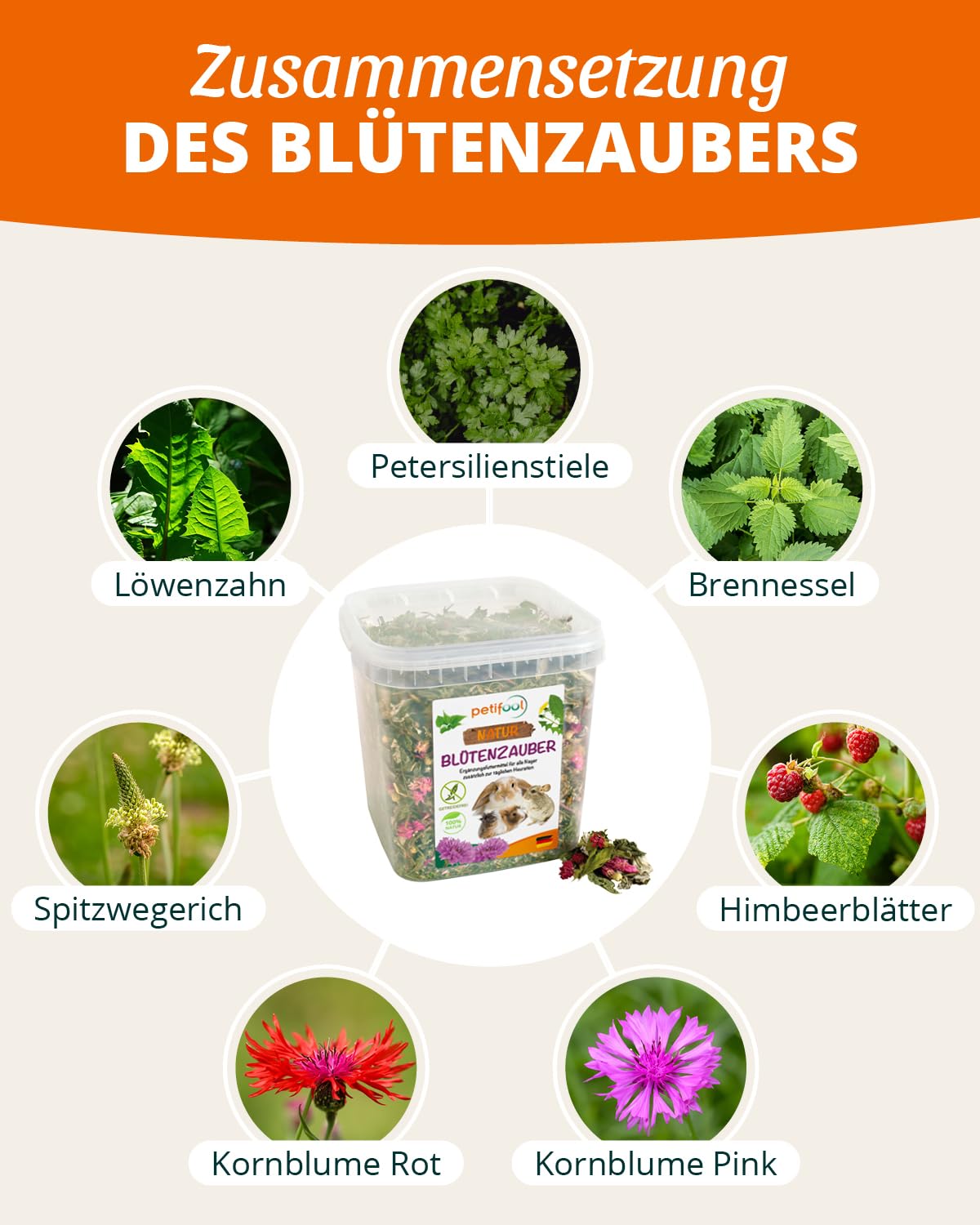 petifool Blütenzauber 360 g – Mangime complementare per roditori – cibo naturale per conigli, porcellini d'India, criceti, cincillà e molto altro ancora – senza additivi artificiali – 100% naturale