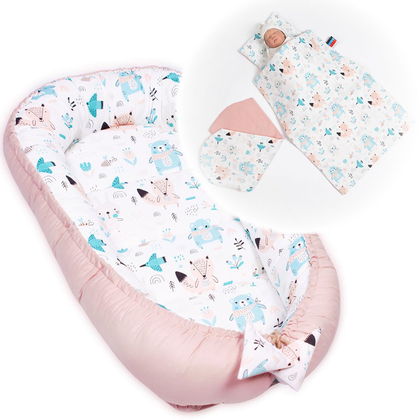 PaLulli 5-TLG - Juego de Cama para bebé (95 x 55 cm, cojín Plano, 100% algodón, hipoalergénica, para 0-8 Meses, diseño de Oso Rosa)