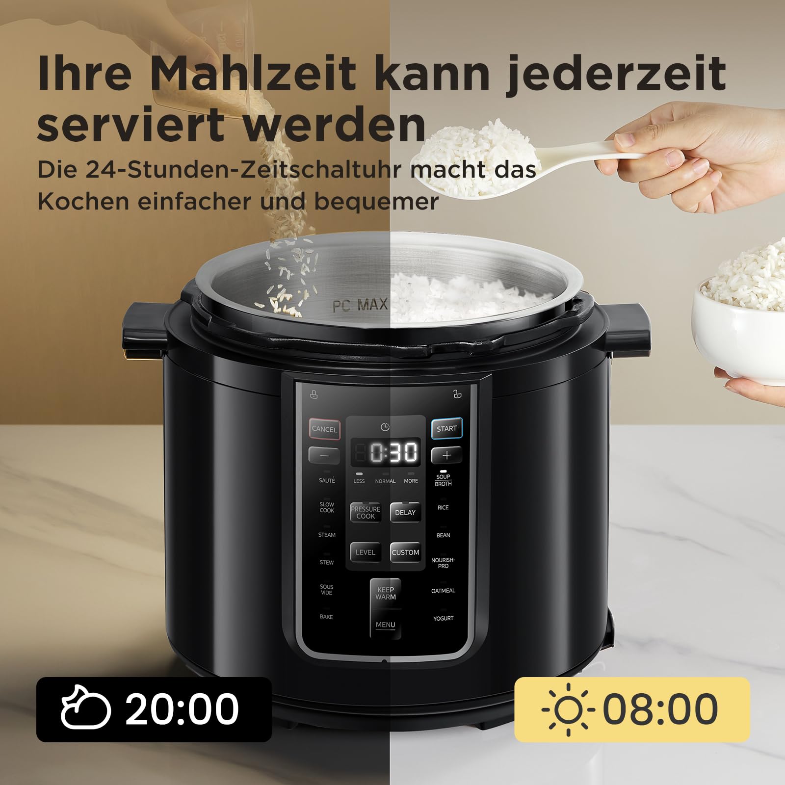 Midea Elektrischer Schnellkochtopf 6L, 9-in-1 Multikocher mit 14 Funktionen, Joghurtbereiter, Reiskocher, Slow Cooker, Sous Vide, Dampfgarer, Nudelkocher, Edelstahl Innentopf, Schwarz