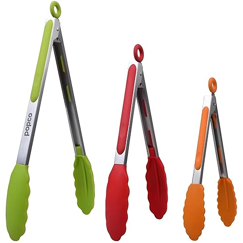 Popco Silicone Tongs for Cooking - Kitchen Tong Set of 3 (7, 9, 12 Inches) - Stainless Steel Tongs with Silicone Tips for Cooking, Grilling, and Serving - Heat-Resistant and Dishwasher Safe - Multicolor