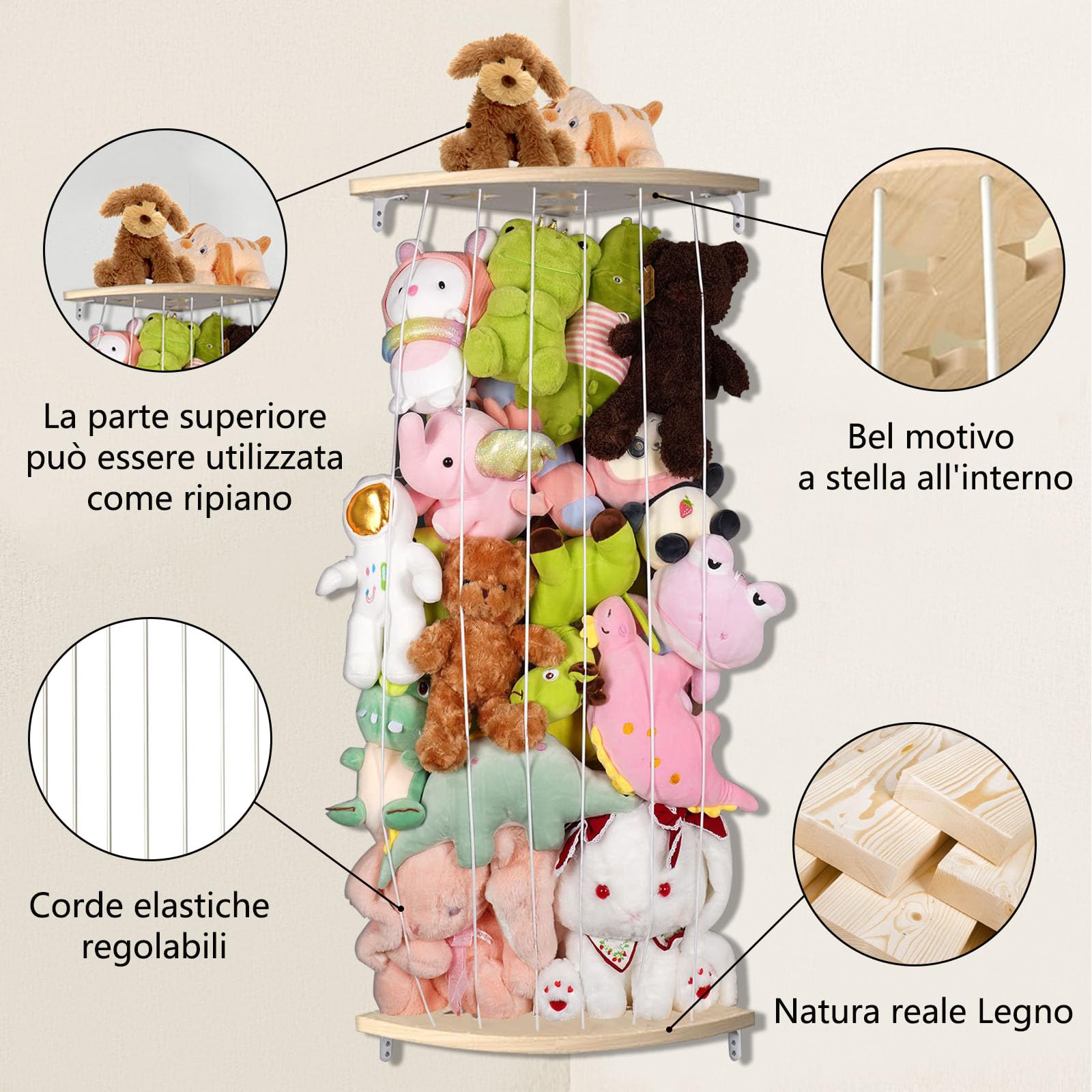 GUIGUZI Organizer per animali di peluche, Organizzatore da appendere alla cameretta dei bambini, Borsa Portaoggetti da Appendere Parete, in legno, per cameretta dei bambini