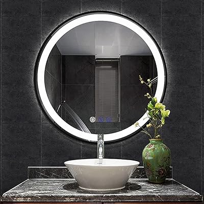 LED Bathroom Mirror with Lights 24' Round Black Frame Vanity Mirror with Touch Lights Wall Mounted Mirror for 3Colors Dimmable Anti-Fog Memory Smart Light up Makeup Mirror Large Circle Wall Mirror