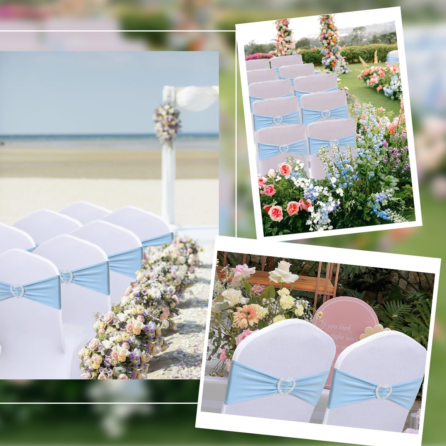 Blue Chair Sashes 60 Pack Spandex Baby Blue Chair Sashes for Wedding Blue Sashes for Chairs with Heart Buckle Slider for Banquet Party Decorations