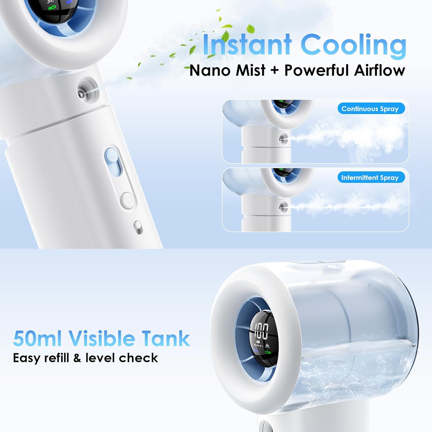 Portable Misting Fan Handheld Powerful Turbo Fan, 100 Speeds, 6000mAh Rechargeable Battery, LED Display, Spray Mist Personal Mini Fan for Travel, Beach, Outdoor Camping (Natural White)