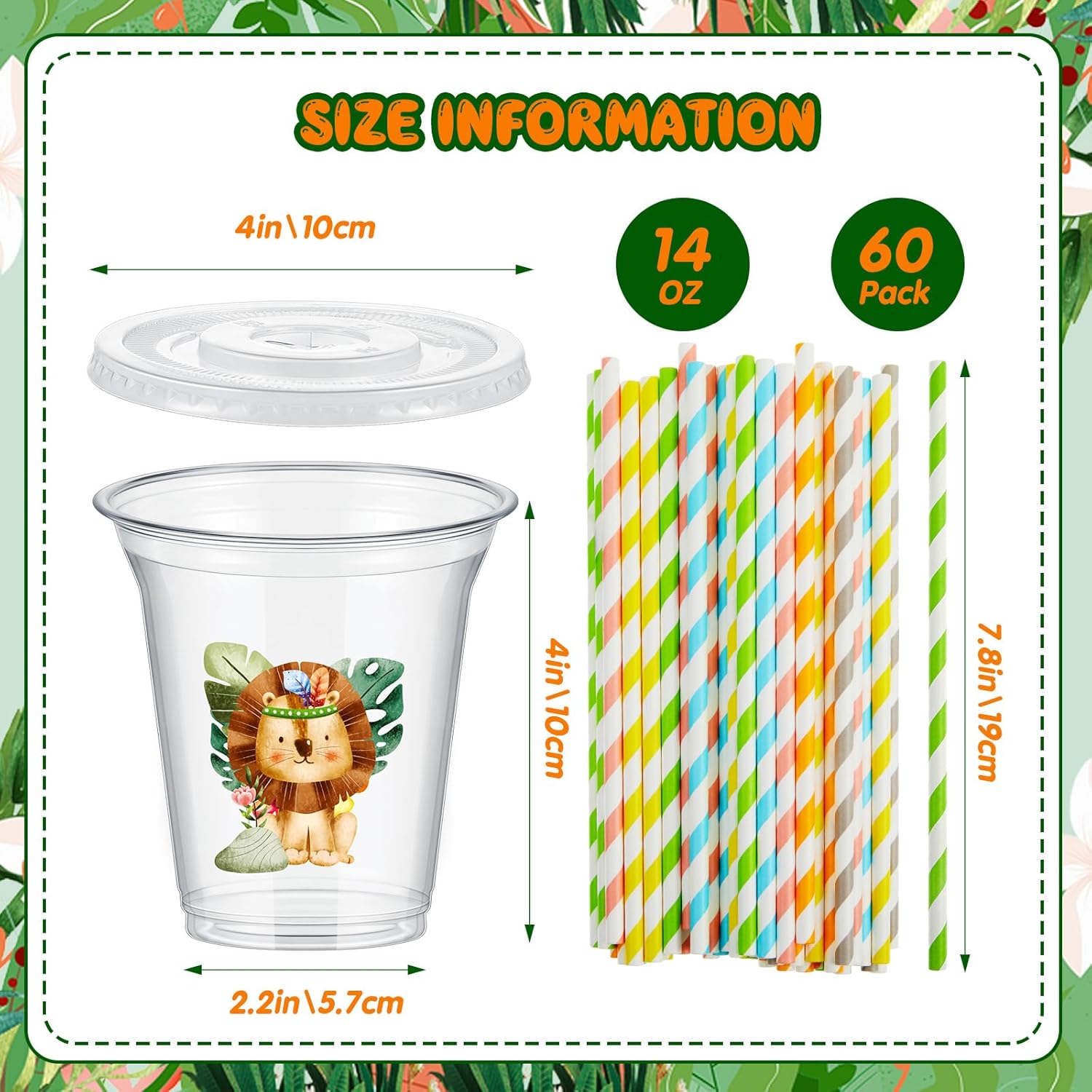 FoldTier 60 Set Jungle Safari Plastic Cups Bulk 14 oz Disposable Clear Cups with Lids and Paper Straws for Jungle Safari Baby Shower Birthday Supplies Wild Party Favors Decorations