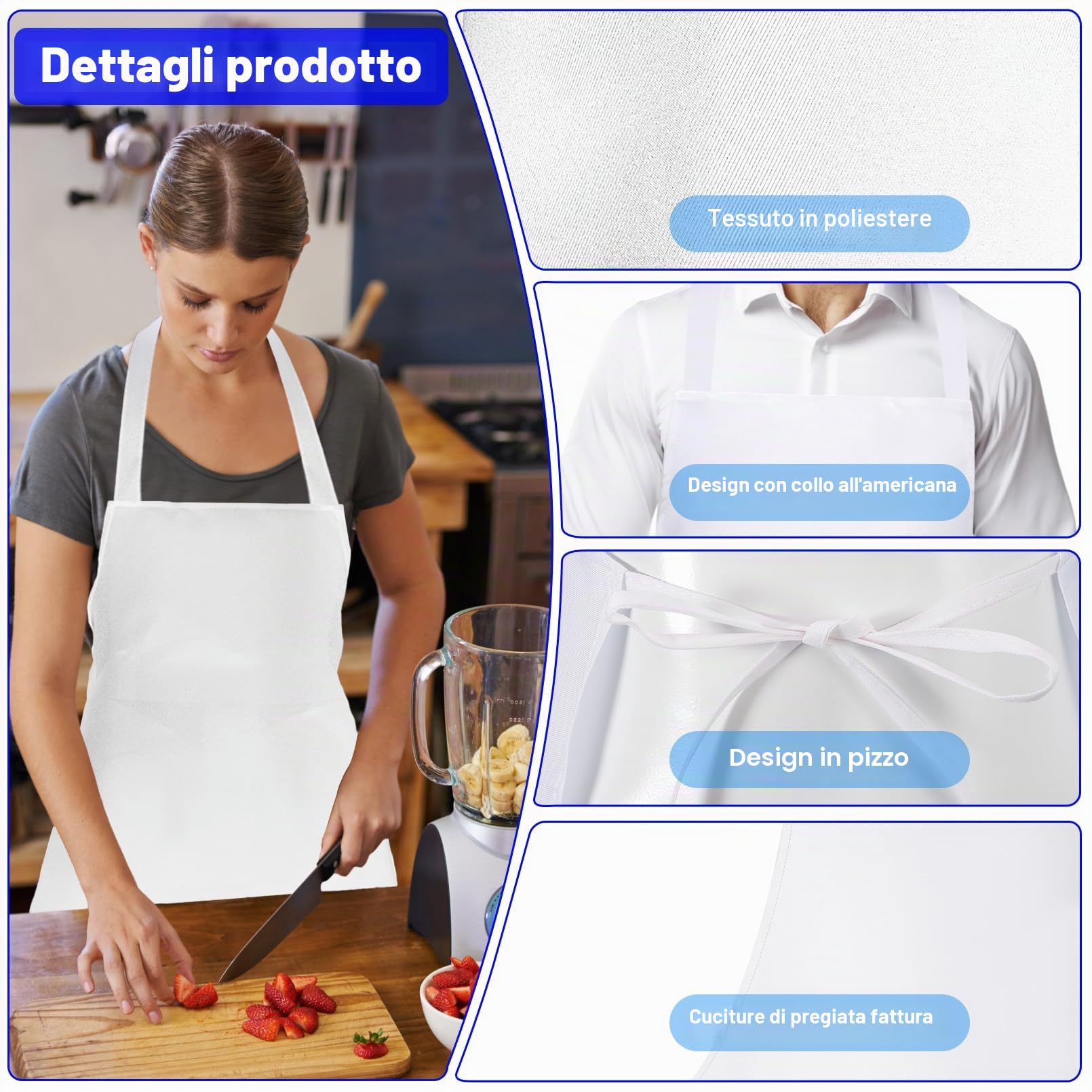 Confezione da 12 grembiuli unisex bianchi, con lacci extra lunghi, grembiule da chef senza tasche, per donne e uomini, per cucina, ristorante, barbecue, pittura