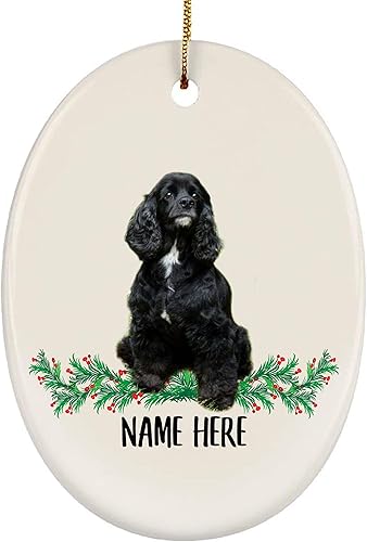 Divertido Cocker Spaniel inglés negro personalizado con nombre 2023 adornos para árbol de Navidad ovalados de cerámica