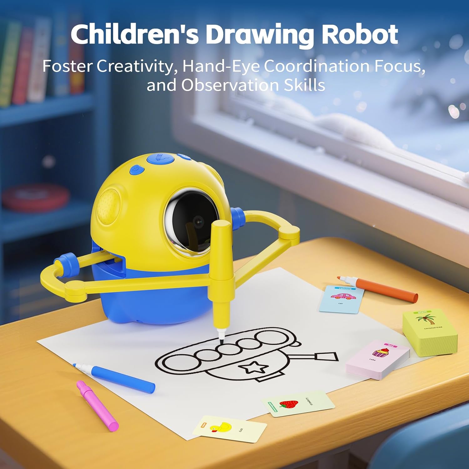 Drawing Robot for Kids with Camera Recognition, Interactive Educational Drawing Machine with 150 Cards, Montessori Painting Learning Toys for Ages 3+, Birthday for Boys Girls (Yellow)