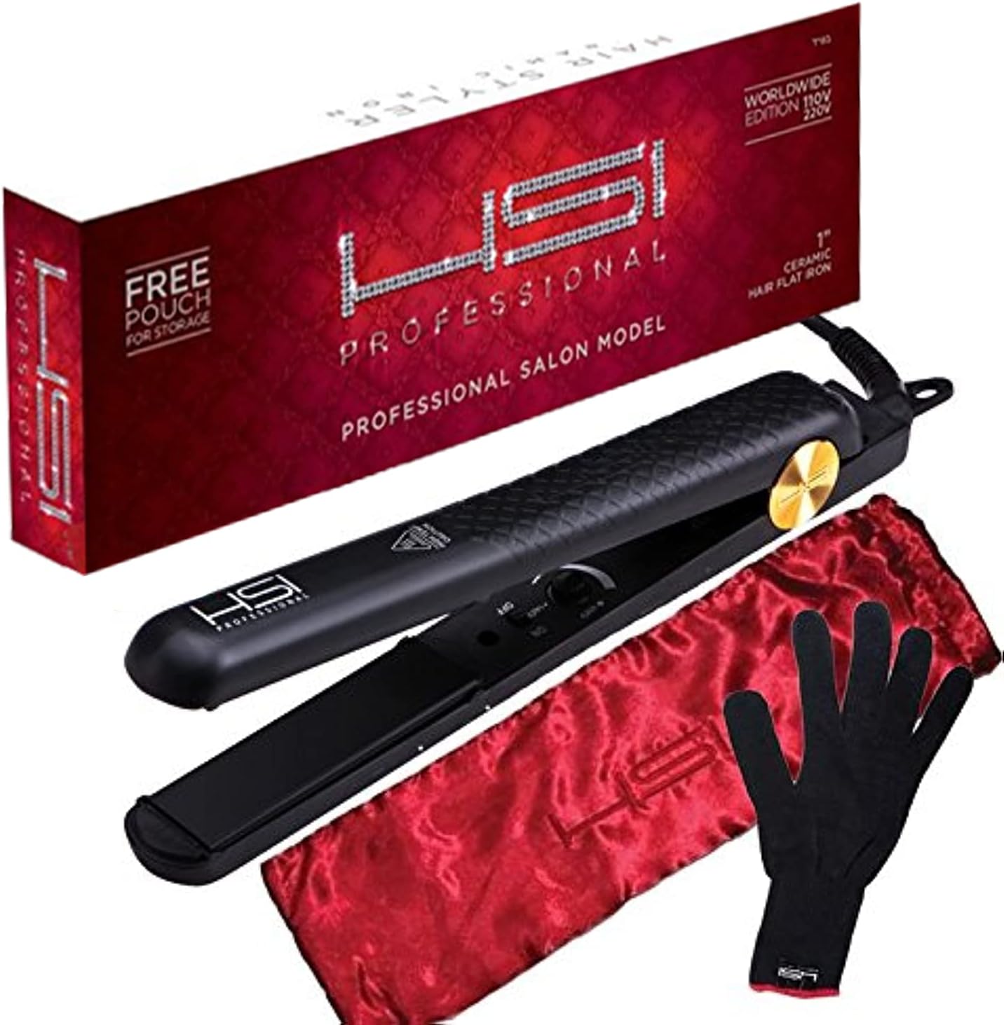 HSI Professional Ceramic Tourmaline Ionic Flat Iron Hair Straightener with Glove, Pouch and Travel Size Argan Oil Leave in Hair Treatment