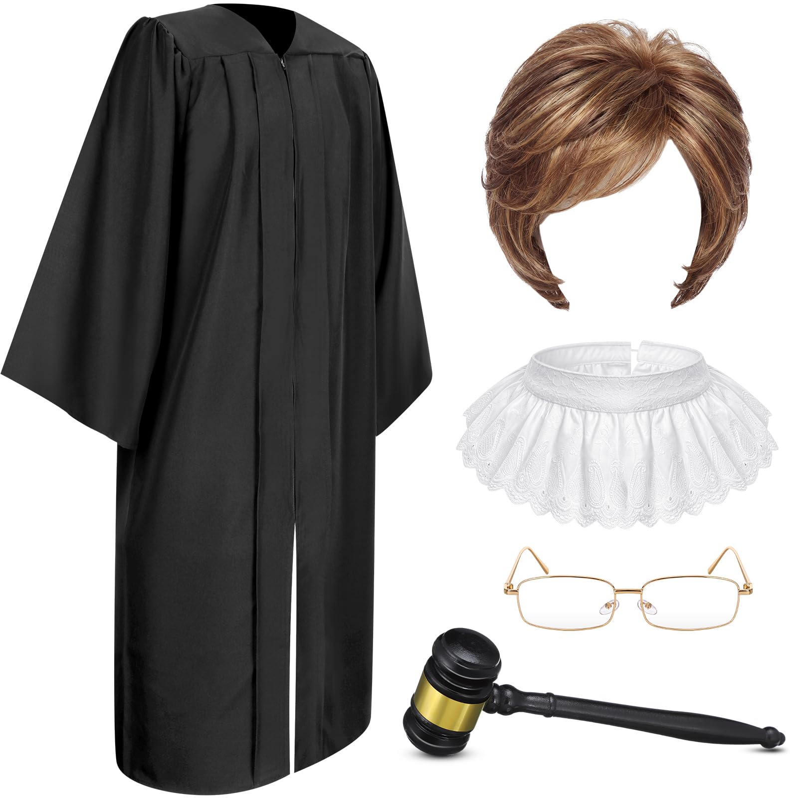 Hillban 5 Pcs Halloween Judge Costume Accessory Judge Robe False Collar Wooden Gavel Wig and Glasses for Halloween Cosplay, Brown Wig, 45”(5'0”-5'2”)