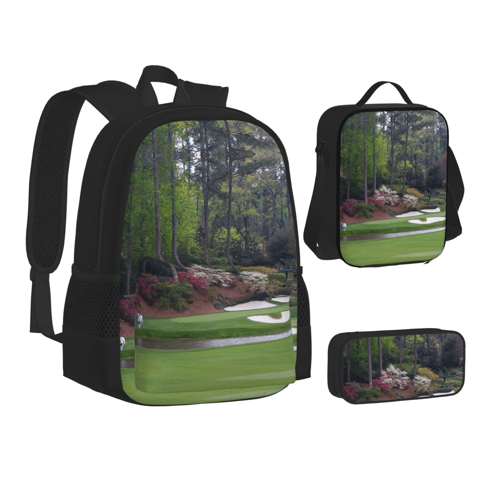 Juego de 3 mochilas escolares con estampado de campo de golf, mochila para laptop resistente al agua de gran capacidad con bolsa de almuerzo aislada y estuche para lápices para adolescentes de