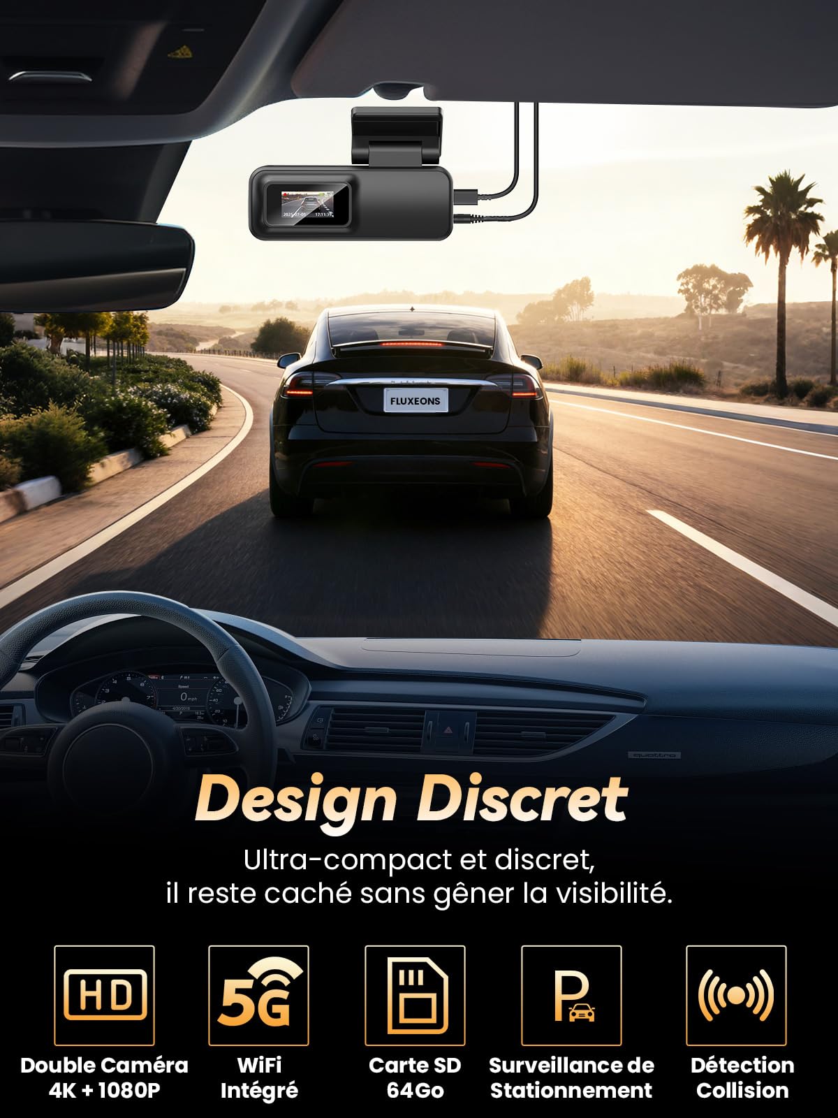 Dashcam Voiture Avant Arriere 4K +1080P, Contrôle APP avec Wi-FI 5G, Carte 64 Go, Moniteur de Stationnement 24H, WDR, Vision Nocturne, G-Sensor, Grand Angle de 170° (X3)