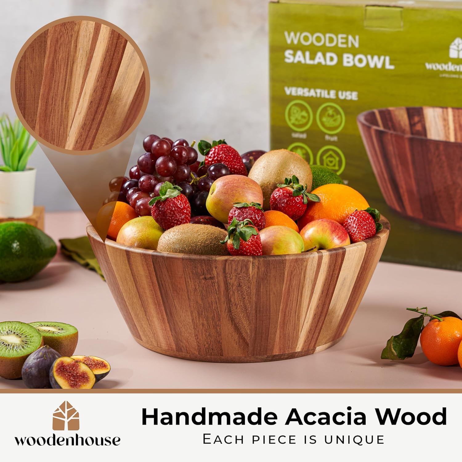 Woodenhouse - Ensaladera de madera, tazón de madera, diseño redondo de 12 pulgadas, gran ensaladera para servir, cuencos de frutas, hecho a mano, duradero y elegante accesorio de comedor de madera