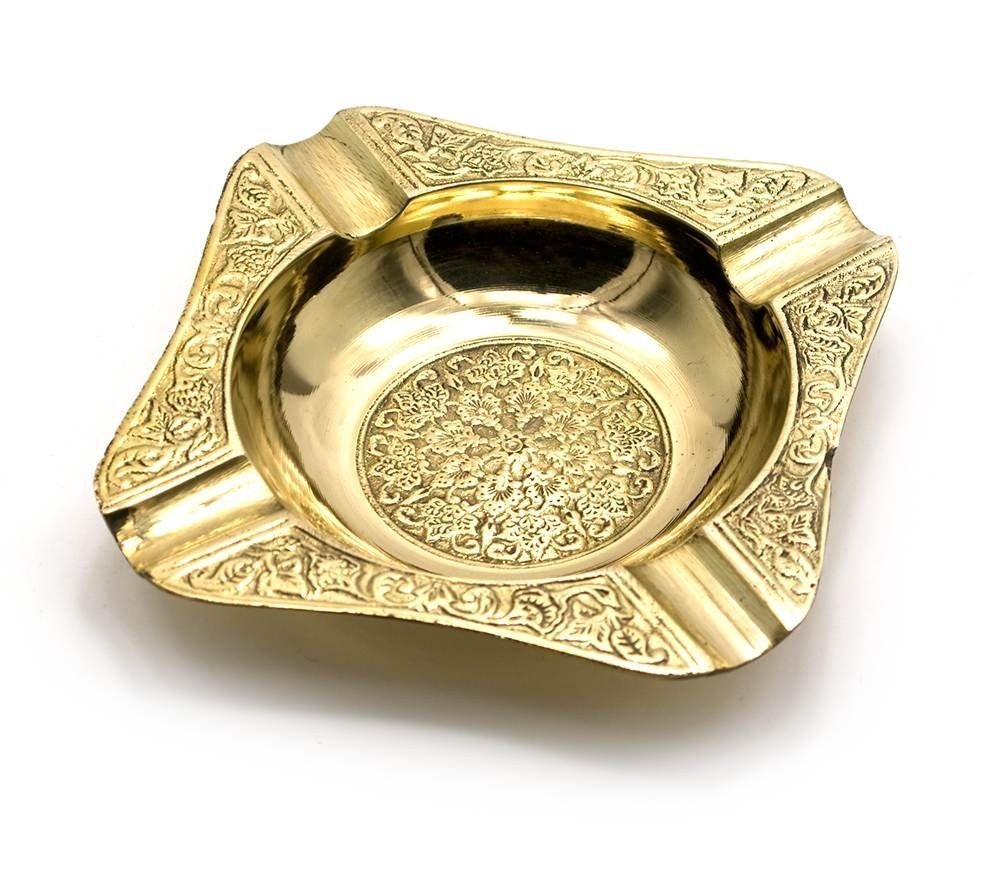 ® Decorative Solid Brass Embossed Ashtray- 5 Inches Square