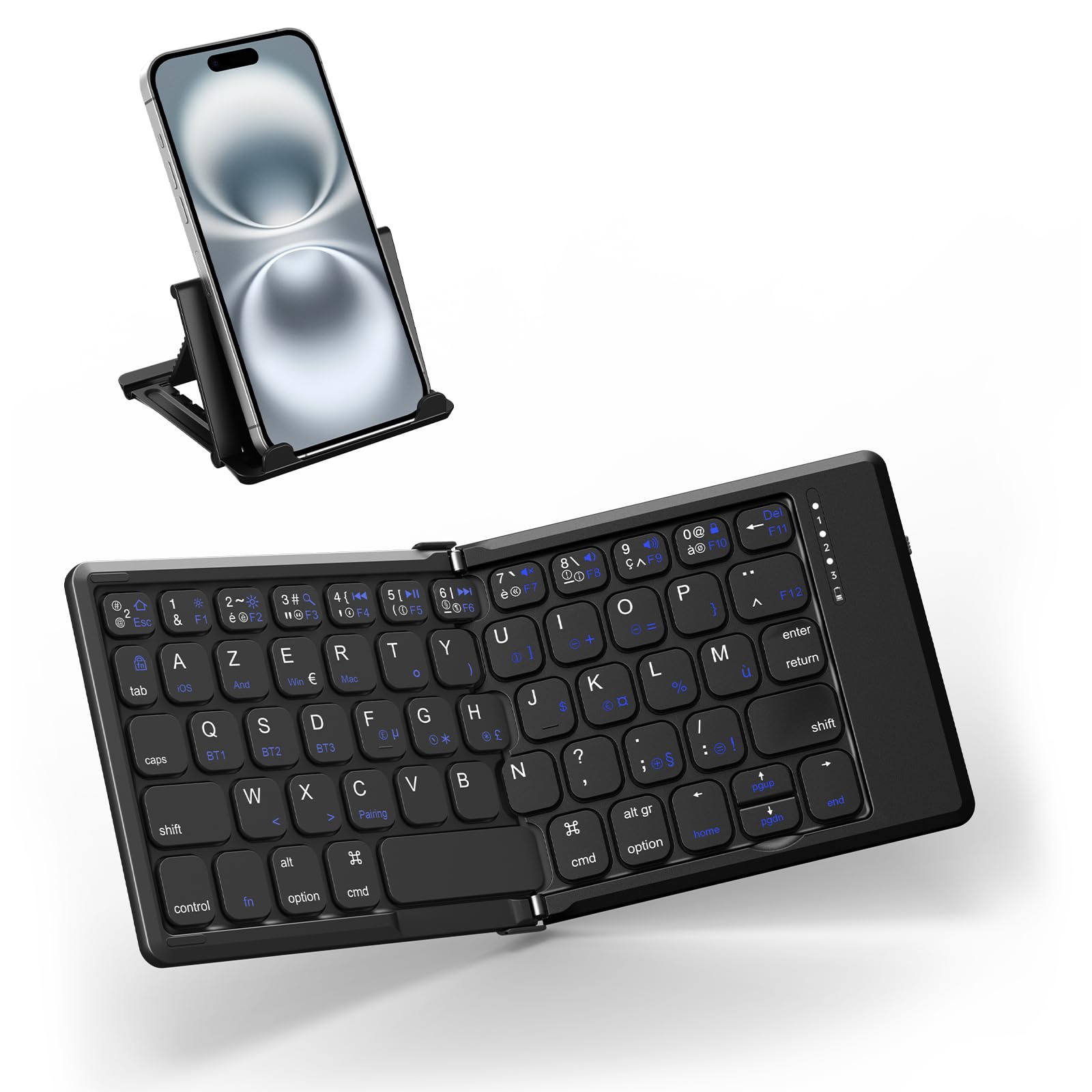 TiMOVO Tastiera Bluetooth AZERTY per Windows iOS Android Mac, Nero | Tastiera Portatile Ricaricabile per iPad, iPhone, Tablet e Smartphone, Mini Tastiera Senza Fili Pieghevole da Viaggio