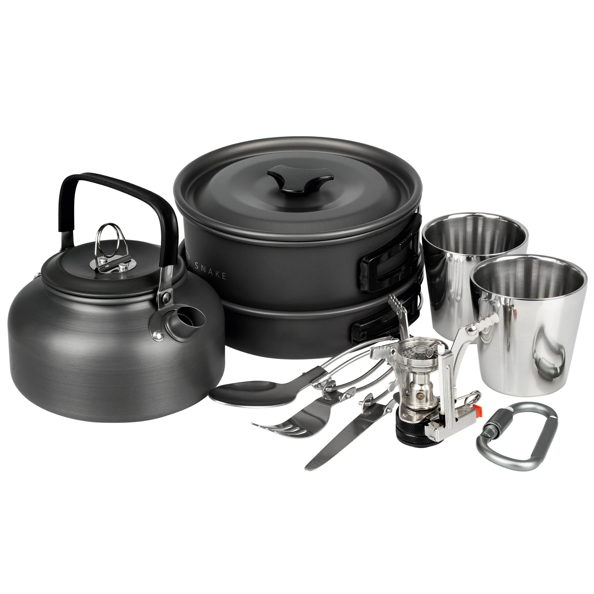 Camping Geschirr Set 10-teilig für 1-2 Personen - Kochgeschirr mit Topf Pfanne Kessel Becher Besteck und Zünder - Outdoor Kochset kompakt & leicht