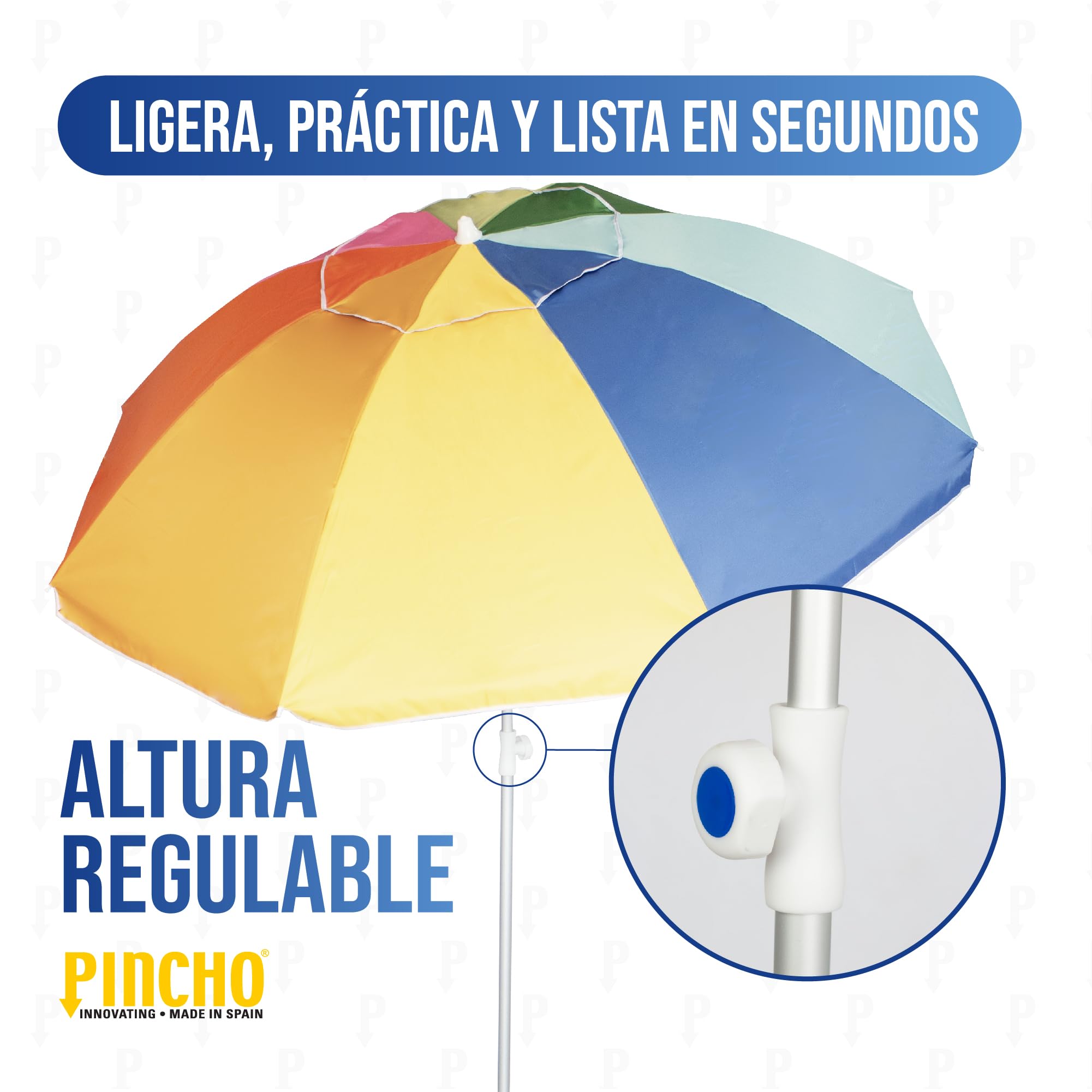 Pincho Parasol de plage 200 cm avec protection UV50+, hauteur réglable, type perçage inclus, 8 baleines anti-vent en fibre de verre, tube aluminium, sac de transport