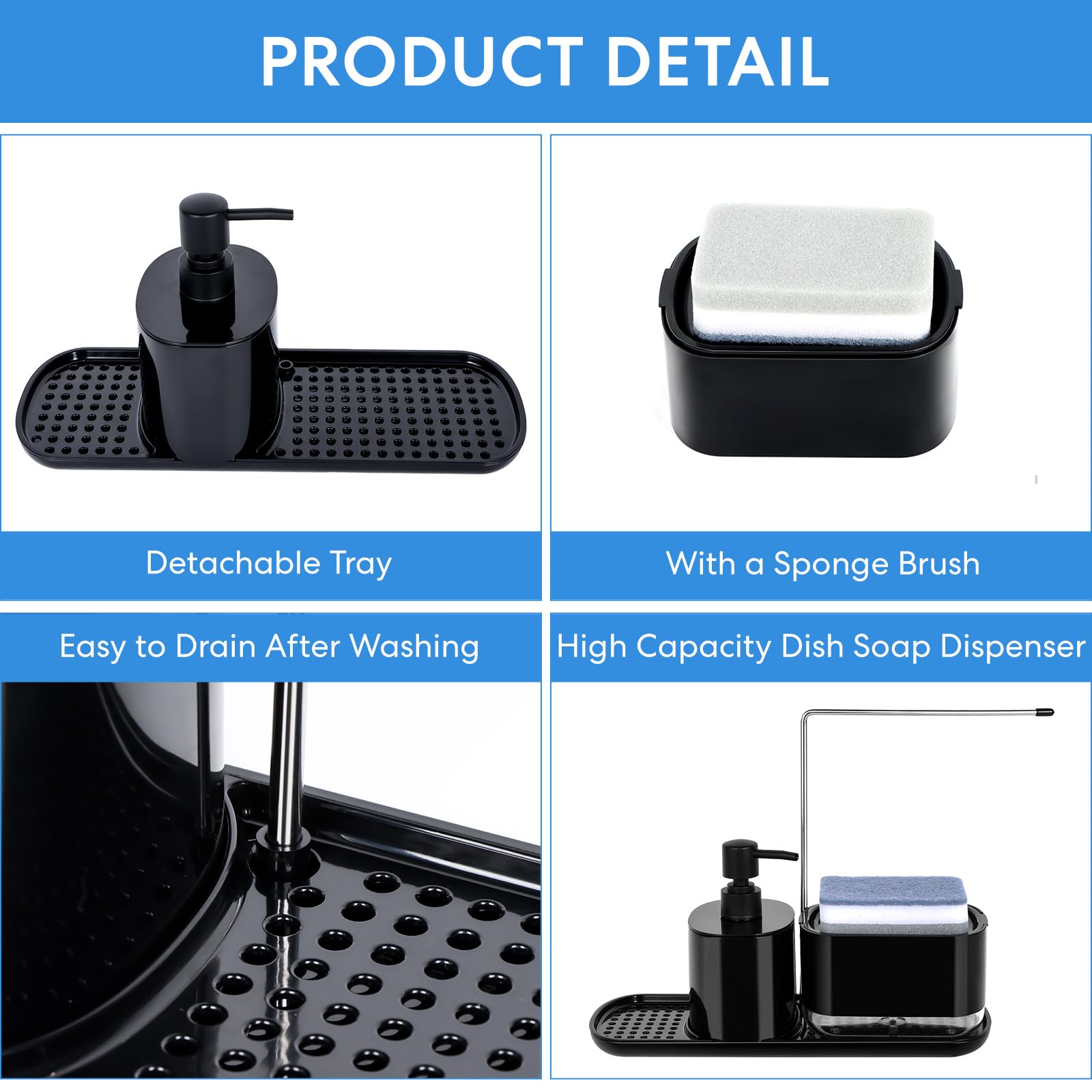 Set di dispenser di sapone liquido nero con porta spugna e portasciugamani da cucina Dispenser di detersivo per lavello da cucina Pompa di sapone ricaricabile per lavare i piatti Accessorio da cucina