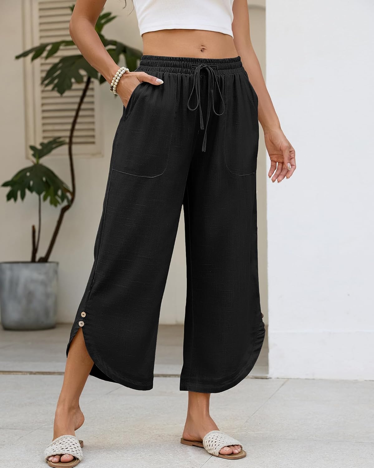 Bsubseach Womens Cotton Linen Pants Summer Capri Pants Comfy Cropped Lounge Pants with Drawstring