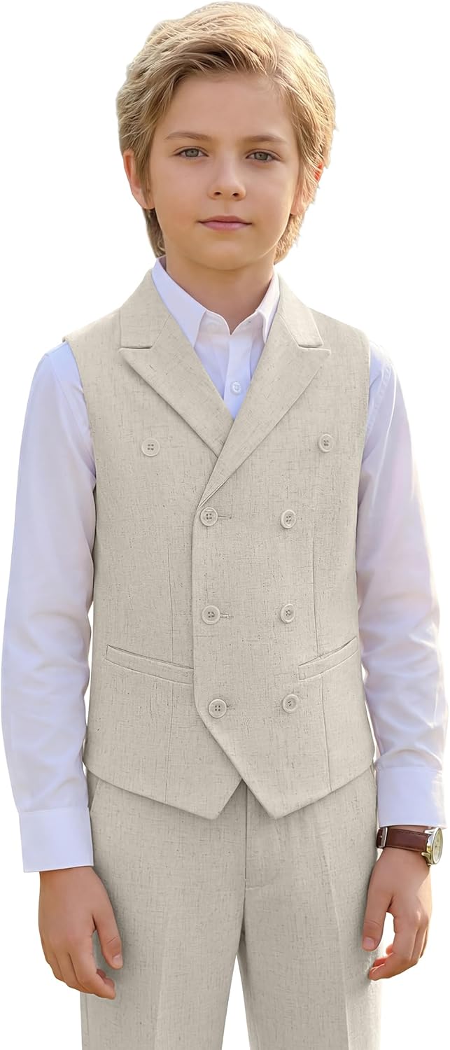 Boys Linen Suit Slim Fit Kids 5 Piece Casual Wedding Suits Double Breasted Vest Pants Set Prom Suit for Boy Tuxedo