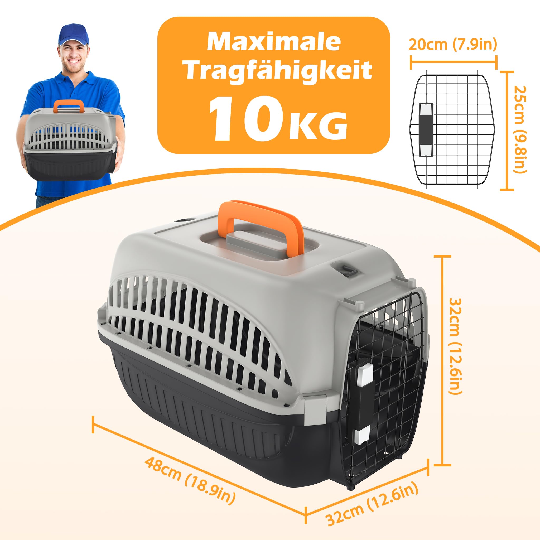 LZQ Hundetransportbox Auto aus PP-Kunststoff, Katzentransportbox bis 10 kg, Transportbox für Kaninchen Hunde und Katzen, mit Metalltür Vorne für Einfachen Zugang, Transportbox Katze(Schwarz + Grau)