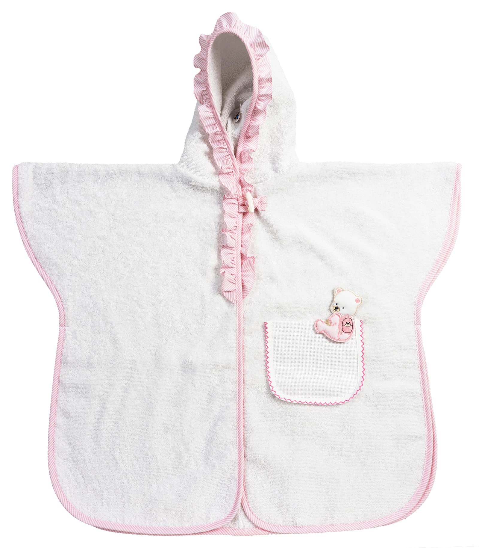 Filet - Badeponcho mit Rouche für Babys und Mädchen bis zu 2 Jahren, Bademantel mit Kapuze aus Baumwollfrottee, Tasche aus Aida zum Sticken, hergestellt in Italien, Einheitsgröße, Weiß und Rosa