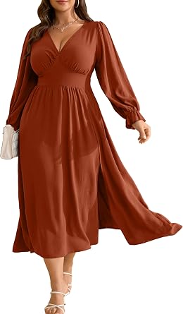 RWJ Plus Size Wedding Guest Dress for Women Deep V Neck Long Sleeve High Waist Slit Formal Cocktail Party Fall Maxi Dresses