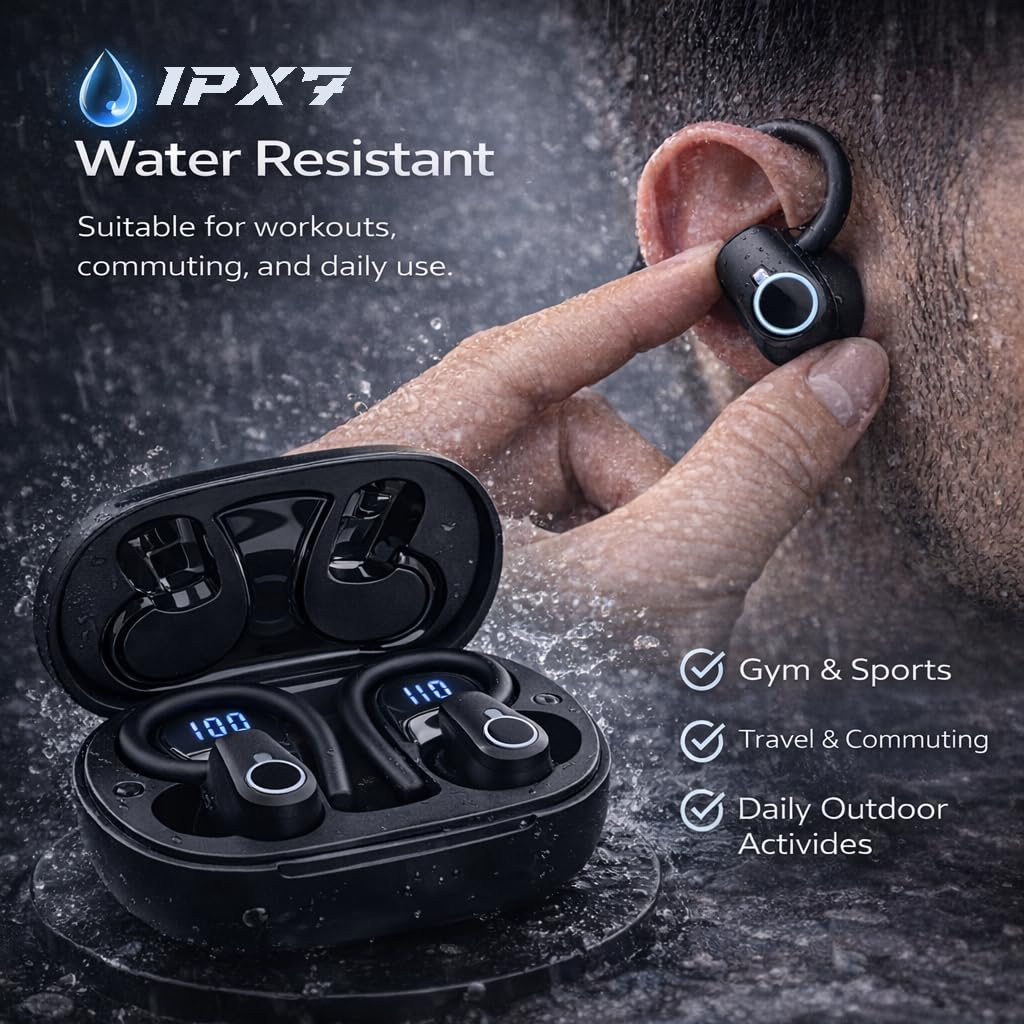 Auricolari wireless, Bluetooth 5.3, cuffie sportive, con microfono per riduzione del rumore, display a LED, 50 ore di autonomia, con ganci per le orecchie, impermeabili IP7, per palestra, corsa