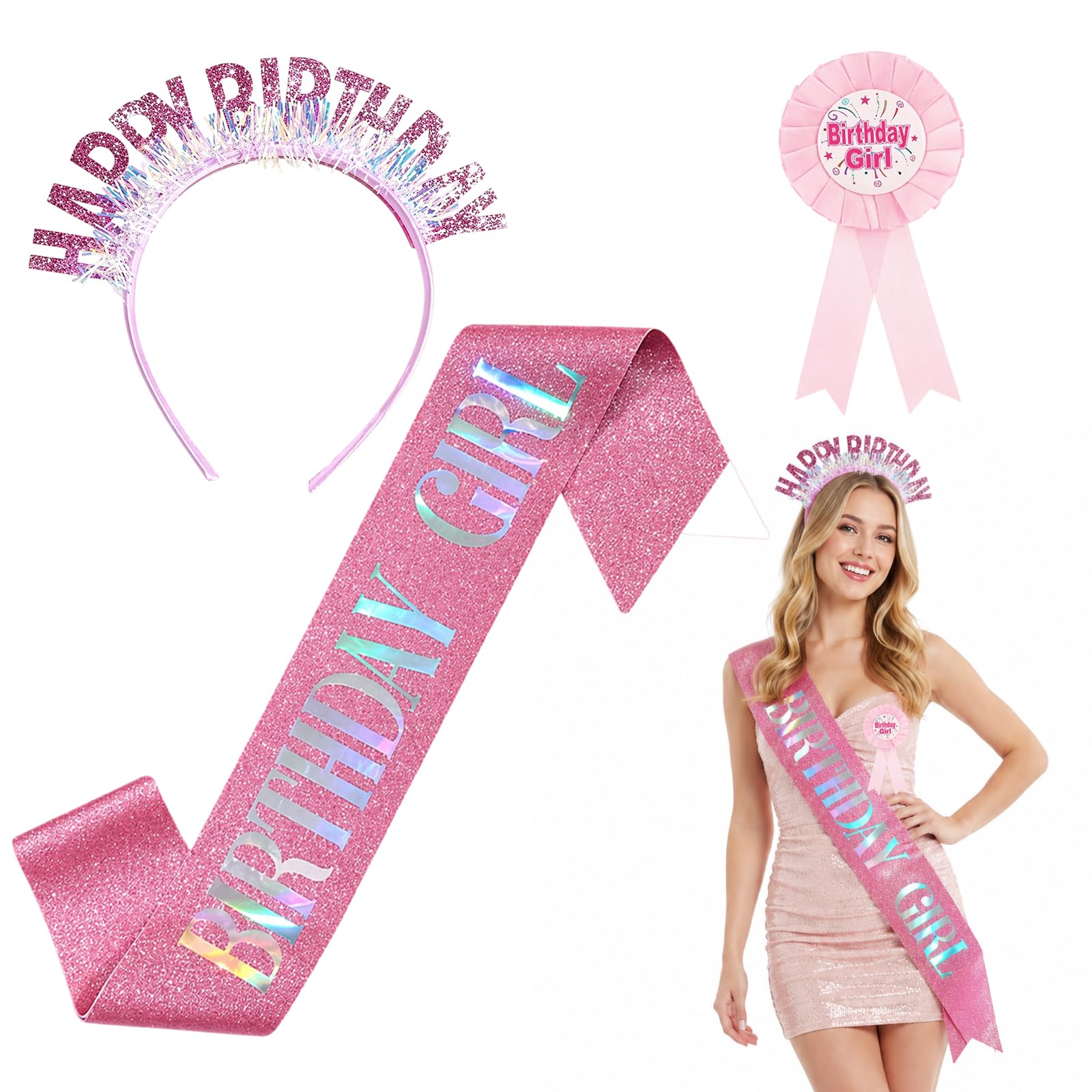 YcsRnn Birthday Sash and Headband Set for Birthday Girl, Its My Birthday Headband with Birthday Tiara and Badge, Happy Birthday Sash for Special Occasions, Pink Birthday Outfit Set