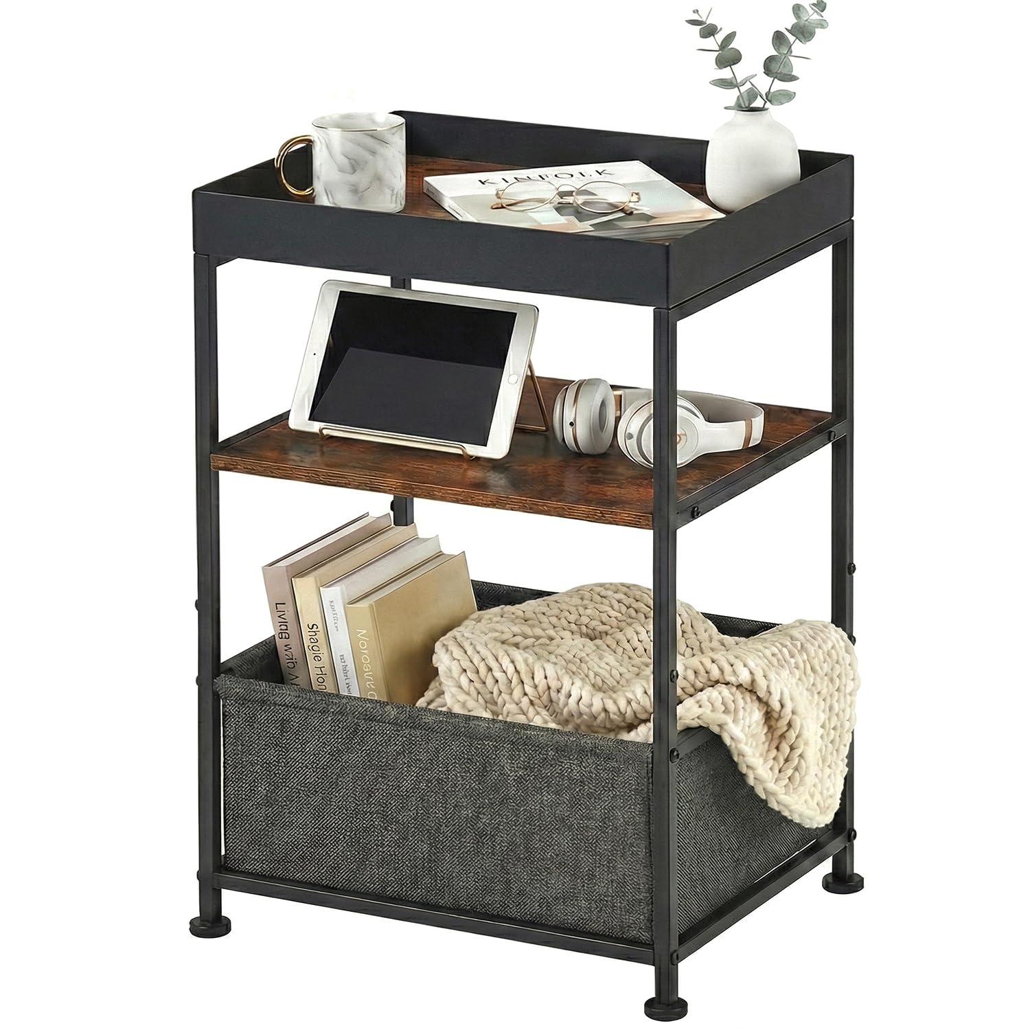 ZEXVIDA Rustic Bedside Table with Fabric Drawer, Industrial 3 Tier Side Table with Tray Top & Storage Shelf, Slim Vintage Nightstand for Bedroom, Living Room, Student Uni, Metal Frame, Wood Look
