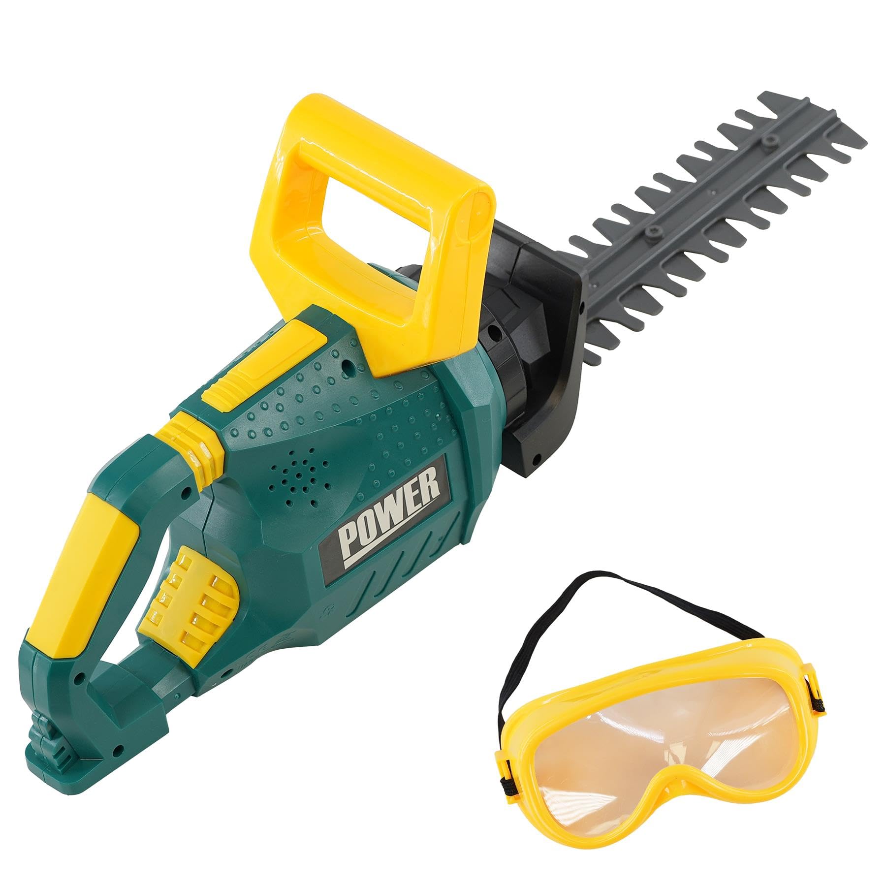 The Magic Toy Shop Kids Garden Hedge Trimmer Toy with Safety Goggles – Battery Operated Chainsaw with Lights, Sounds, & Moving Plastic Blade – Children's Power Tool for Outdoor Role Play