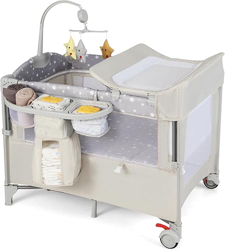 Miniatura 10 de HONEY JOY Pack and Play con moisés, 5 en 1, cuna para bebé junto a la cama con mesa de cambio de pañales y bolsa de almacenamiento, arco de juguetes