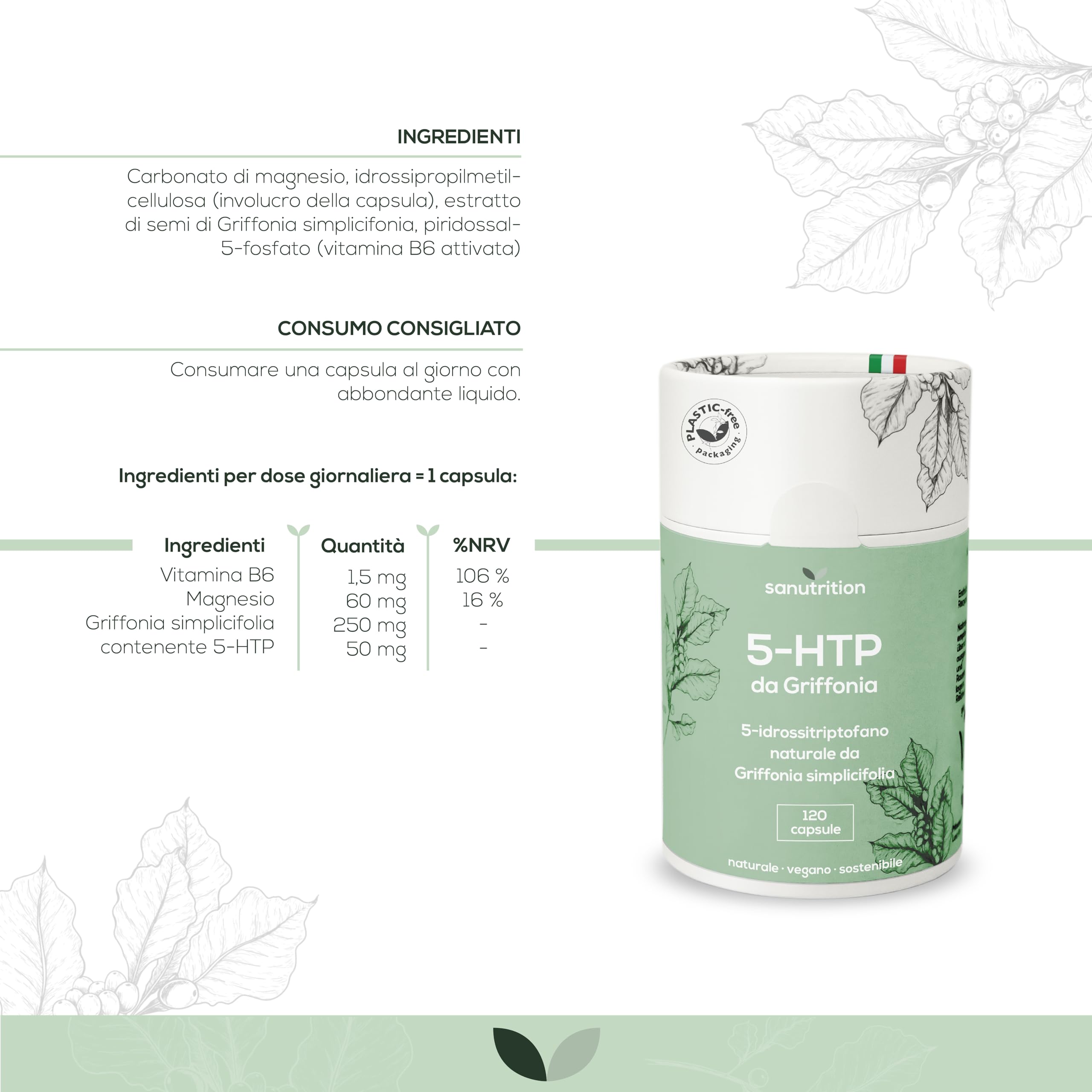 5-HTP Griffonia | 120 capsule vegane | booster di umore | estratto di Griffonia (20% 5-idrossitriptofano) | formazione di serotonina | con magnesio e vitamina B6 | scatola di carta sostenibile