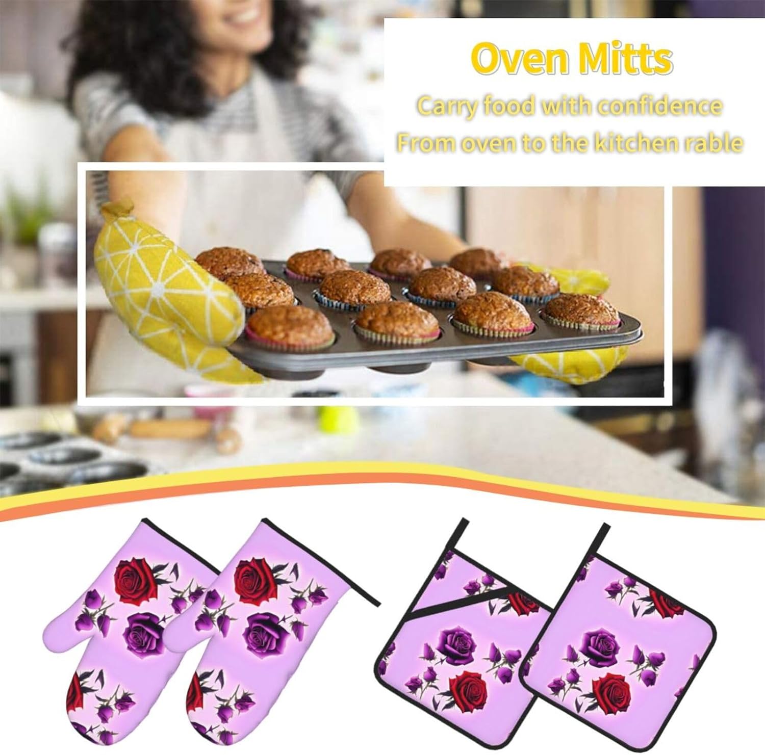 Red and purple roses Oven gloves and heat-resistant mat 4-piece set. Suitable for grilling, microwave oven frying, and baking