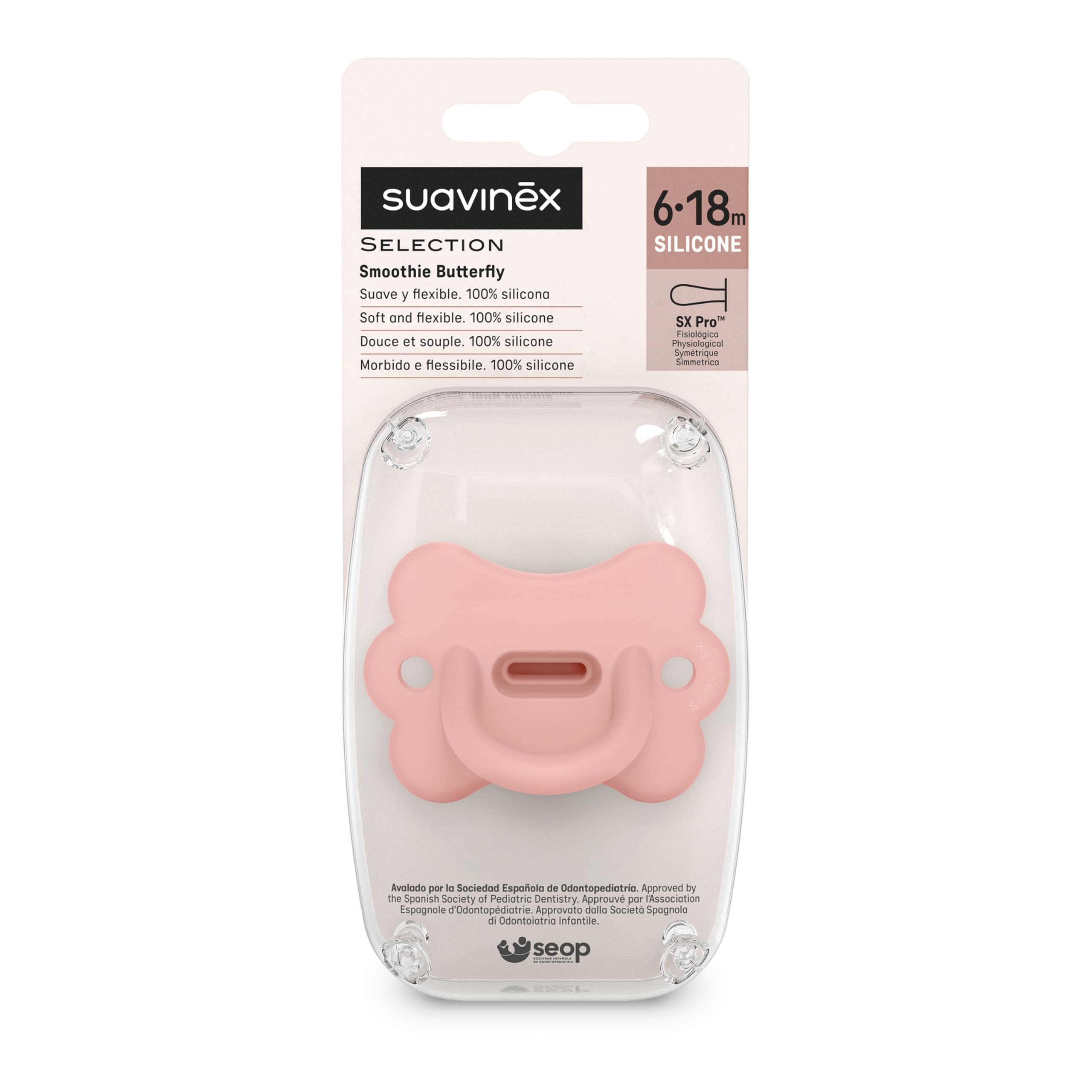 Suavinex, Sucette Tout Silicone, pour Bébé 6/18 Mois, avec Tétine Symétrique SX Pro, Réversible, Super Douce et Souple, Idéal Dormir, Respecte le Développement Buccodentaire, Butterfly, Peach Pink - 5