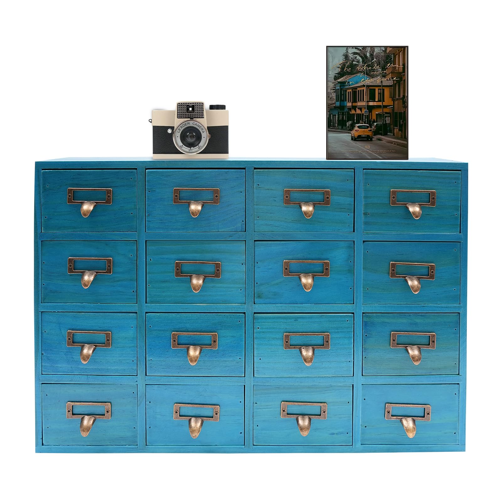 Armoire apothicaire avec tiroirs, 50,5 x 9,5 x 35 cm, 16 tiroirs d'apothicaire vintage pour la maison et le bureau, Boîte de rangement pour bijoux, armoire de rangement en bois pour bijoux, bleu