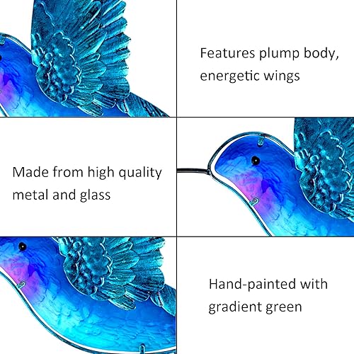 Miniatura 2 de John's Studio Decoración de pared de colibrí de metal, escultura de hierro de vidrio, decoración colgante al aire libre para el hogar, dormitorio,