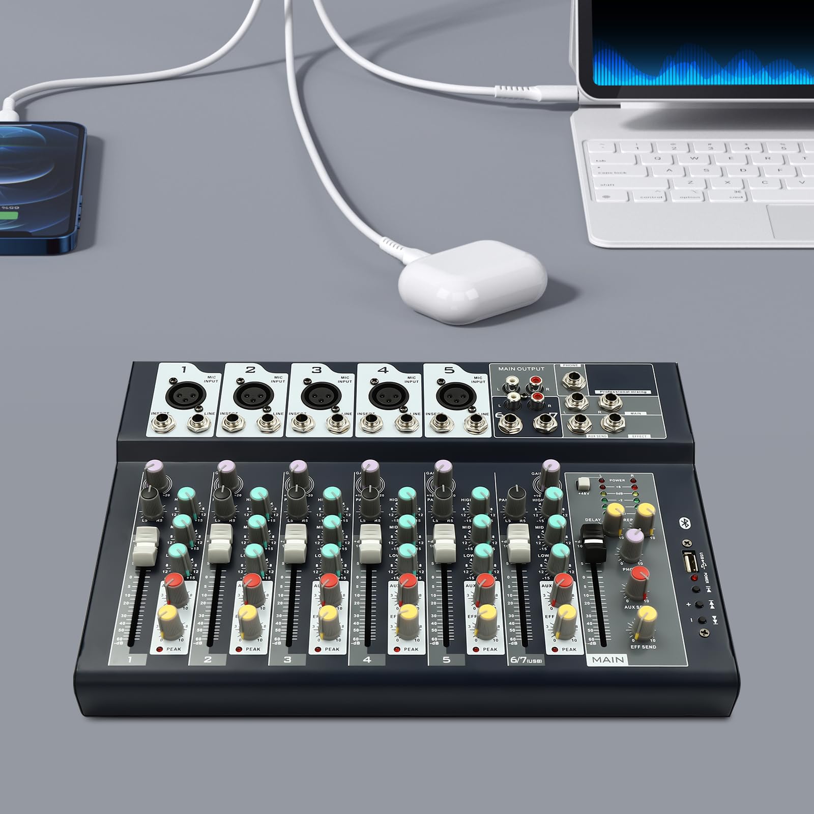 Mixer audio a 7 canali con Bluetooth e USB, alimentazione phantom da 48 V, equalizzatore a 3 bande, 5 effetti sonori, mixer stereo digitale per karaoke domestico, podcast, streaming live, band