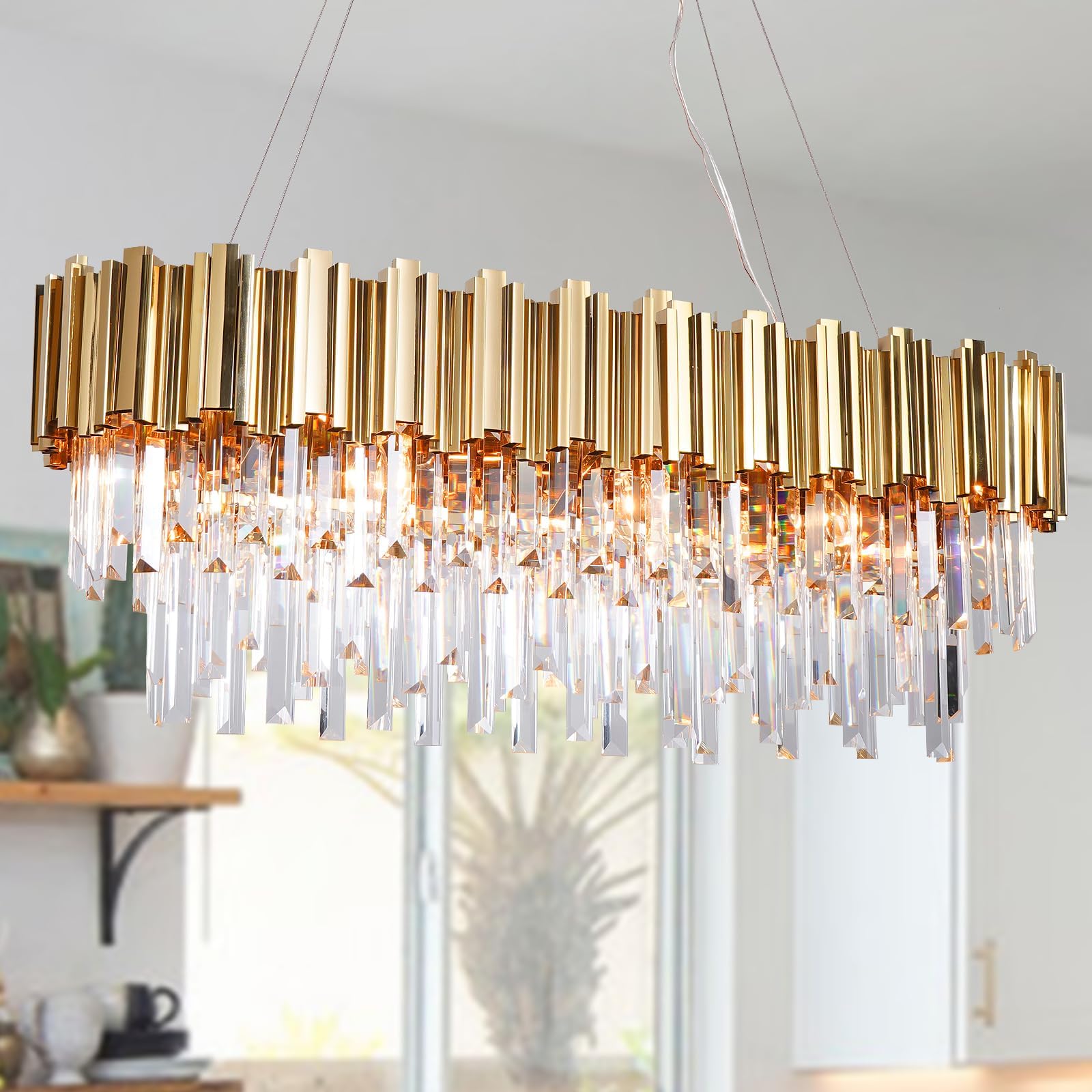 OSAIRUOS L35.4 Linear Crystal Chandelier Modern Luxury Gold Rectangle Chandeliers for Dining Room Contemporary Oval Raindrop Pendant Ceiling Light