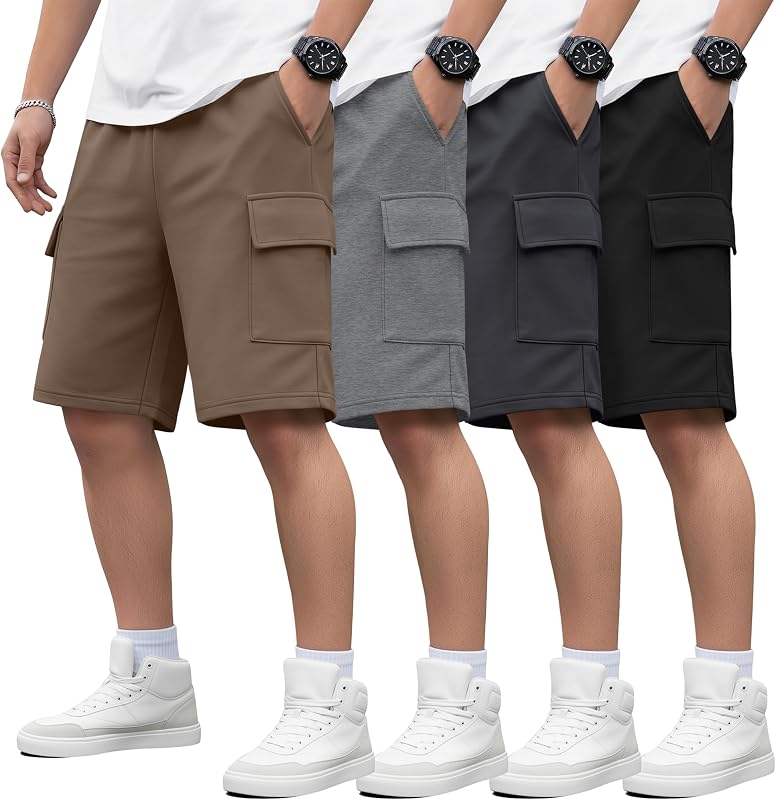 4 Pack Boy's Cargo Shorts with Pockets | Elastic Waist Cargo Shorts, Multi Pocket Athletic Wear, Back to School Clothes, Basketball Summer Wear, 5-16 Years