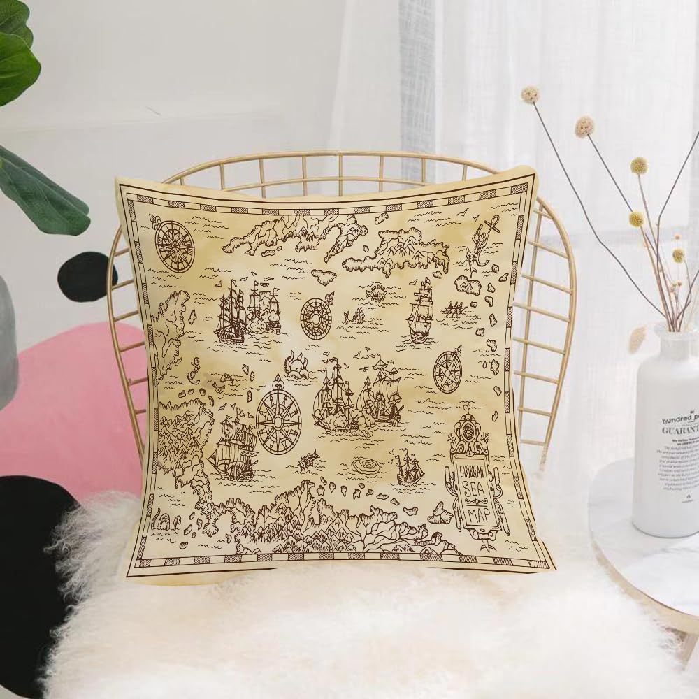 HYOSXW Cushion Cover,Throw Pillow Case Home Decorative for Living Room Bedroom Sofa Chair 16X16 Inch,Old Pirate Map of the Caribbean Sea with Ships,Pillowcase 40X40cm