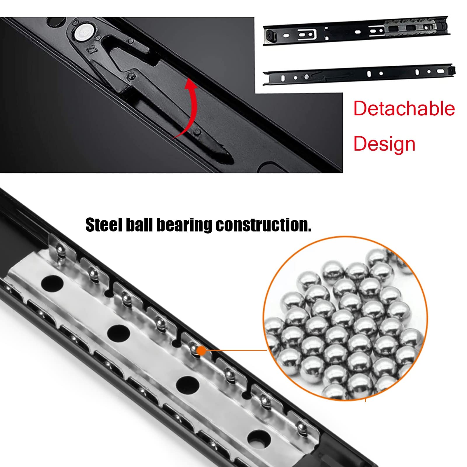 Cajón deslizante. 4 guías con rodamientos de bolas de 2 secciones de 10, 16 y 20 pulgadas, soporte resistente de 35 kg, montaje lateral for gabinete, cocina, teclado, guías for estantes (Color : Blac