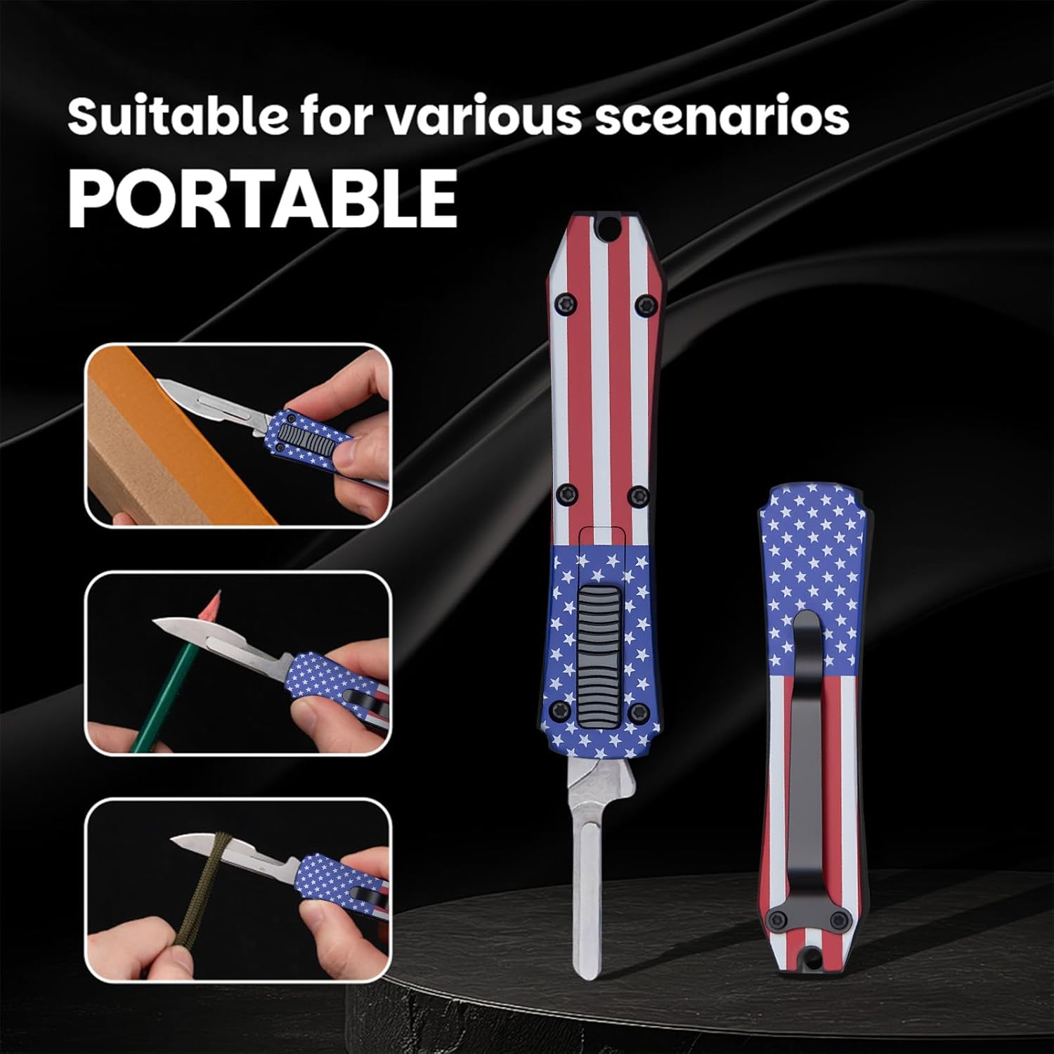 Automatic Utility Knife,All Metal Construction Carbon Stainless Steel Blade,Box Cutter Quick Change Retractable,EDC Push Button with Clip,10PCS #23 Blades Replacement,Stars&Stripes